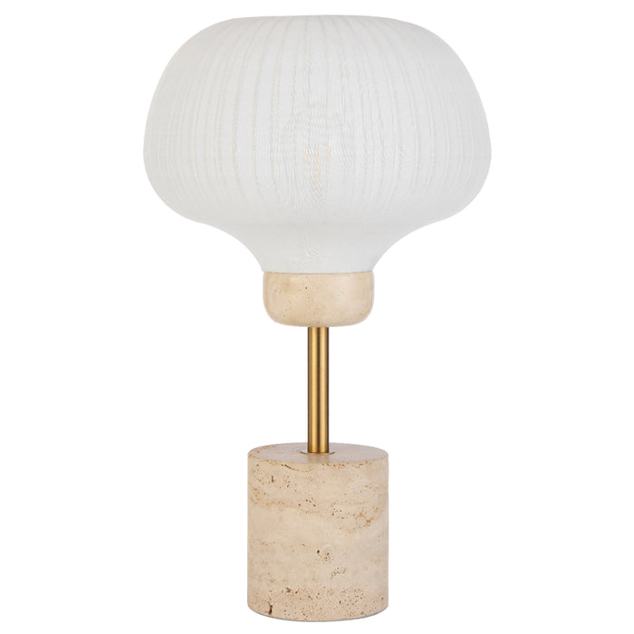 Telbix Vibor Table lamp with a textured white shade and beige base on a white background