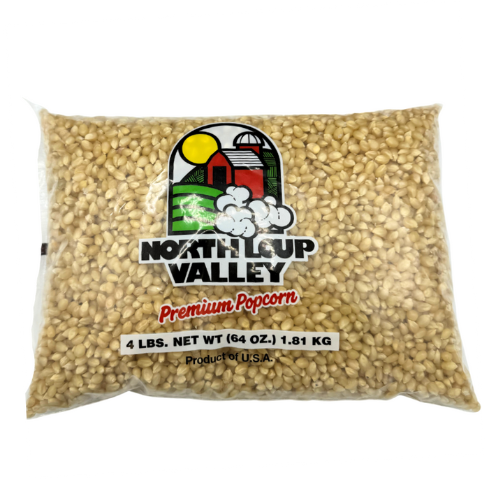 A package of North Loup Valley premium popcorn kernals. The bag is transparent, showing the white unpopped popcorn kernals inside.