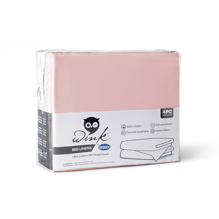 Packaging of the Wink Bed Linens 4 Piece Flat Sheet Set in pink