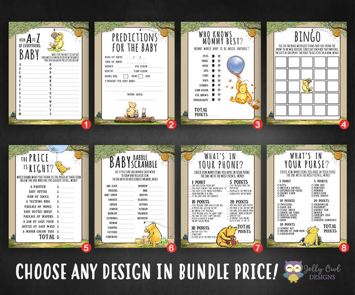 Winnie The Pooh Baby Shower Games Bundle Set