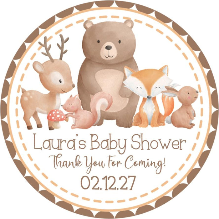 Woodland forest animal baby shower stickers in neutral colors.