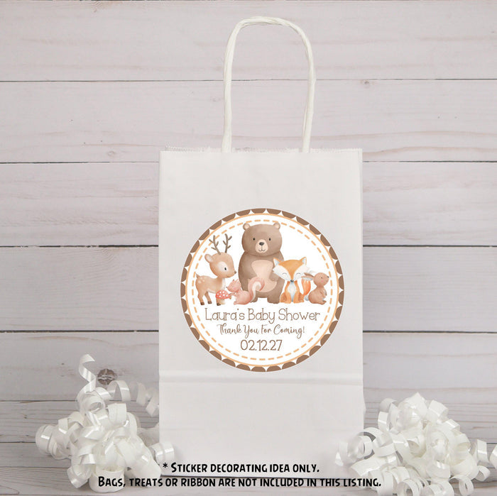 Bear, fox, and deer design woodland baby shower stickers.