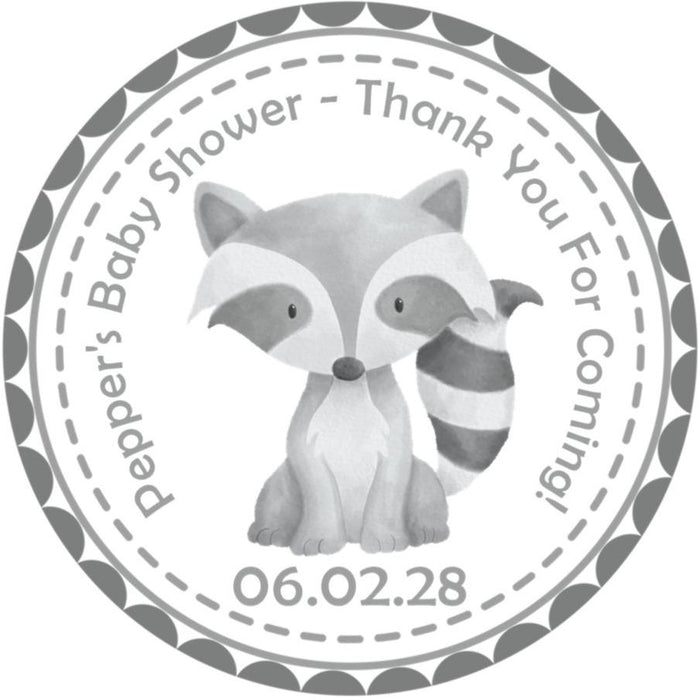 gray woodland raccoon baby shower stickers