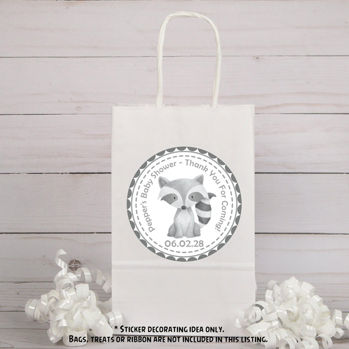Cute raccoon baby shower stickers for woodland theme