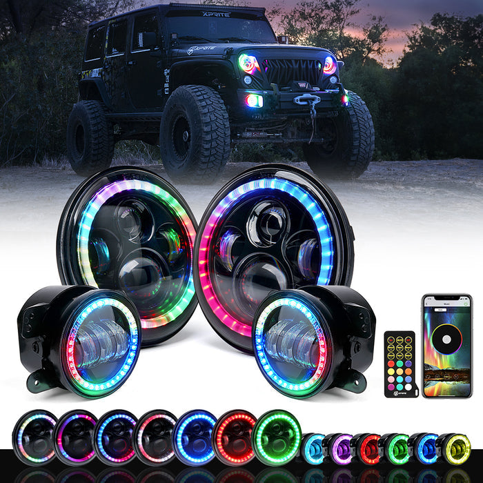 Xprite Jeep Wrangler JK LED Lighting Upgrade Kit | 7" RGB Halo Headlights, 4" Fog Lights, Turn Signals & Tail Lights
