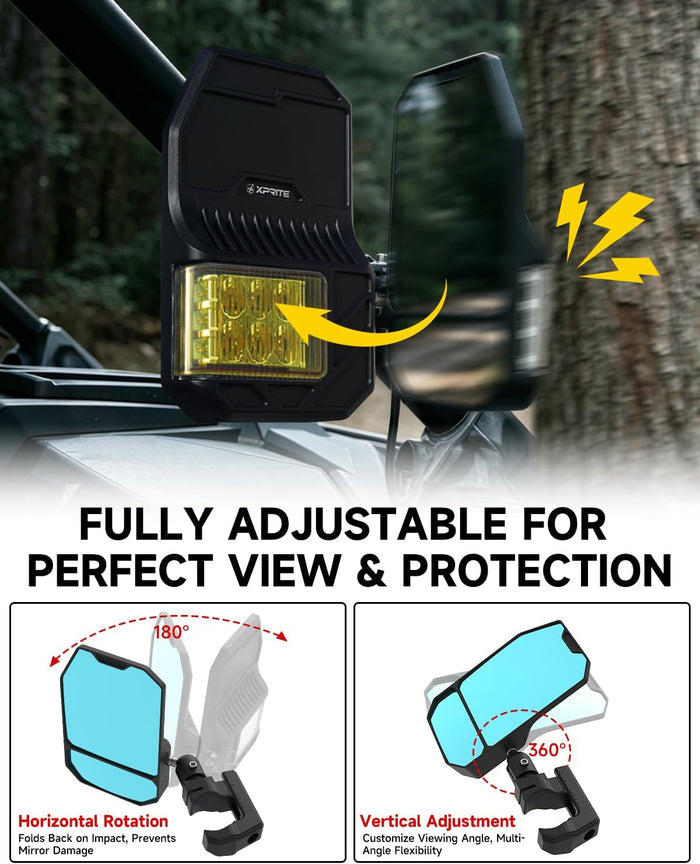 Xprite UTV Side Mirrors with Amber LED Spot Lights, Signals & Puddle Light For Round Tube Roll Cage