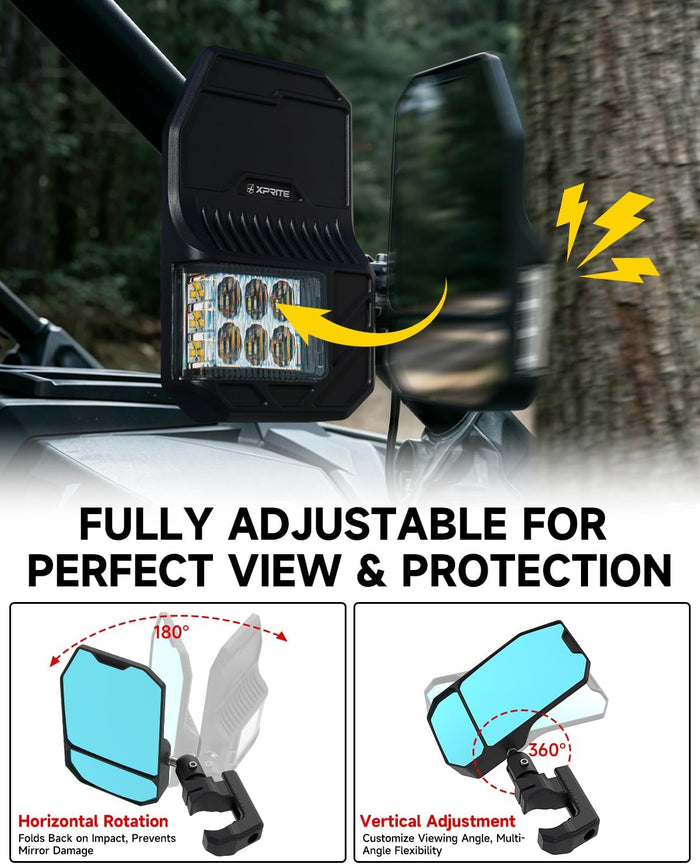 Xprite UTV Side Mirrors with LED Spot Lights & Amber Turn Signal, 2026 New