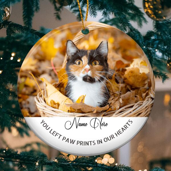 You Left Paw Prints In Hearts Circle Ceramic Ornament, Personalized Custom Pet Lovers Gift, Memorial Dog Cat Ornament